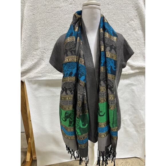 Pashmina 100% Cashmere Elephant Shawl Scarf Metallic Green Blue Gray  novelty - Picture 3 of 9